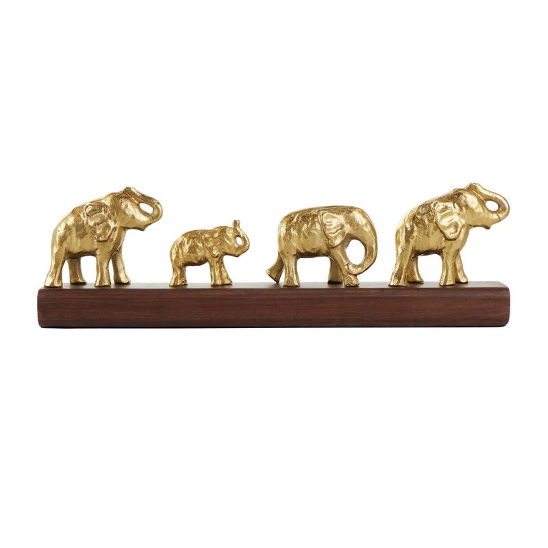 Gold Aluminum Metal Elephant Sculpture with Brown Wooden Base