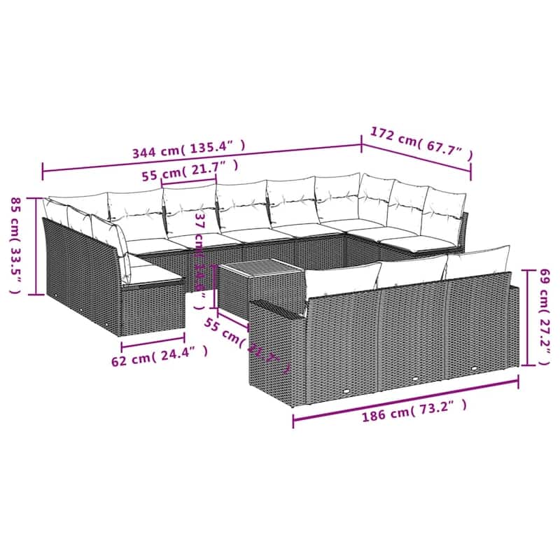 vidaXL Patio Sofa Set with Cushions Outdoor Furniture 14 Piece Poly Rattan - 21.7 x 21.7 x 14.6