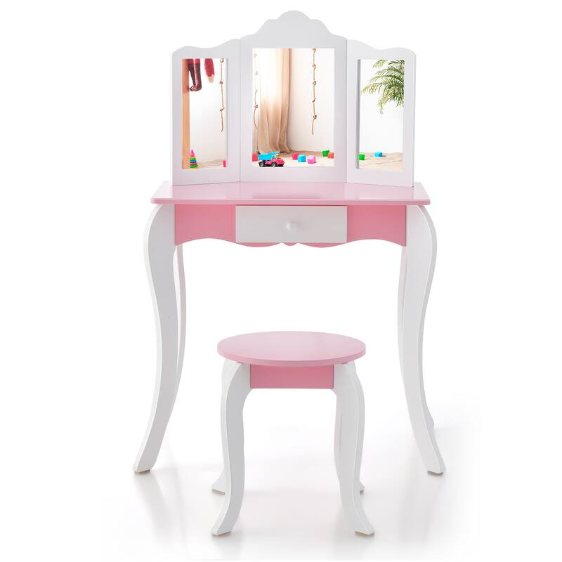 Pink-White Kid's Wooden Vanity Table and Stool Set with 3-Panel Acrylic Mirror - 27"L × 16.5"W × 39.5"H