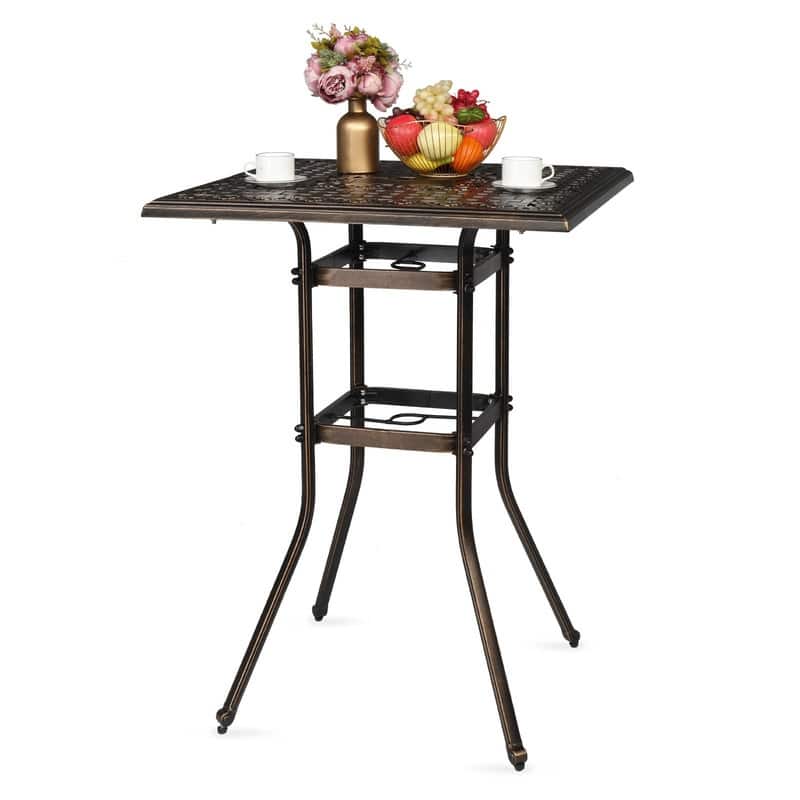 Patio Bar Height Table Cast Aluminium Square Bar Bistro Table with Umbrella Hole - N/A