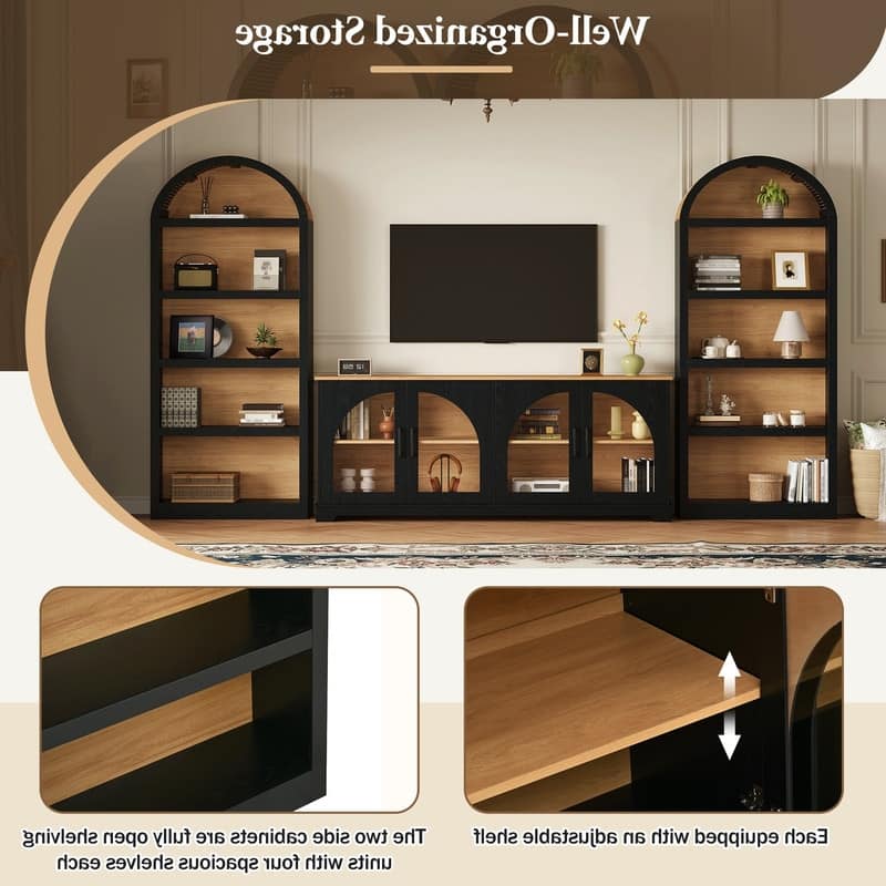 Farmhouse 3-Piece TV Stand Set for TVs Up to 70", Entertainment Center with Arched Sideboard and Glass Doors for Living Room