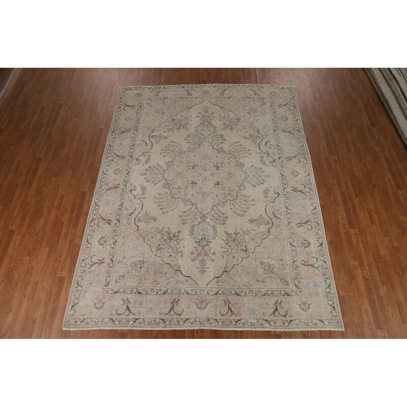 Floral Tabriz Persian Area Rug Hand-Knotted Beige Wool Carpet - 8'2"x 10'11"