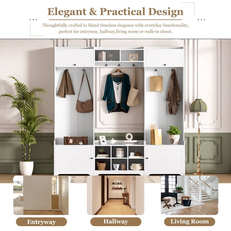 4-in-1 Entryway Bench with 8 Cubbies, 7 Coat Hooks & Adjustable Shelf,Modern Hall Tree with Shoe Storage