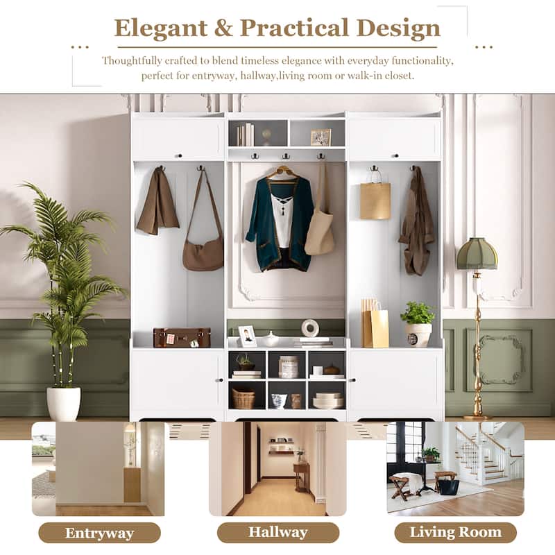 79.1" Wide Modern Hall Tree with Shoe Storage, 8 Cubbies & 7 Coat Hooks - Entryway Bench with Adjustable Shelf