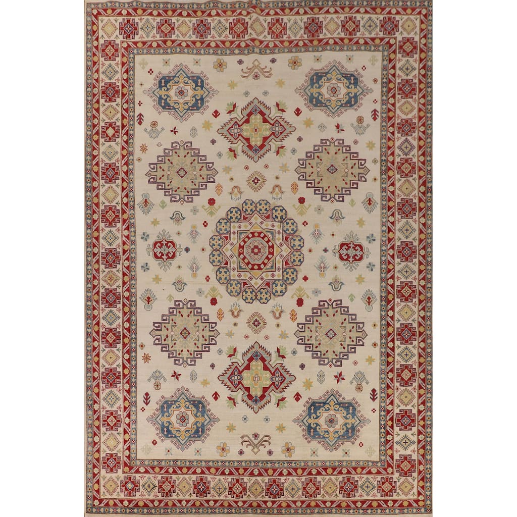 Kazak Oriental Area Rug Hand-Knotted Geometric Wool Carpet - 9'10" x 13'4"