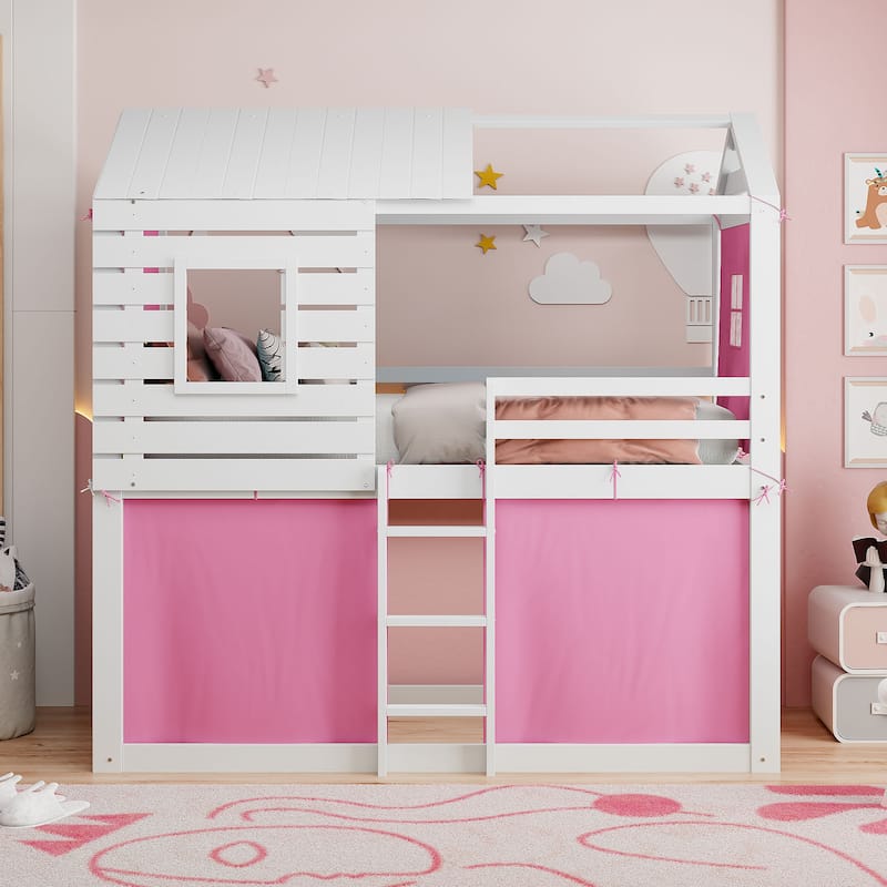 Pink+White Twin Size Solid Wood House Bunk Bed with Tent, Ladder, and Fence