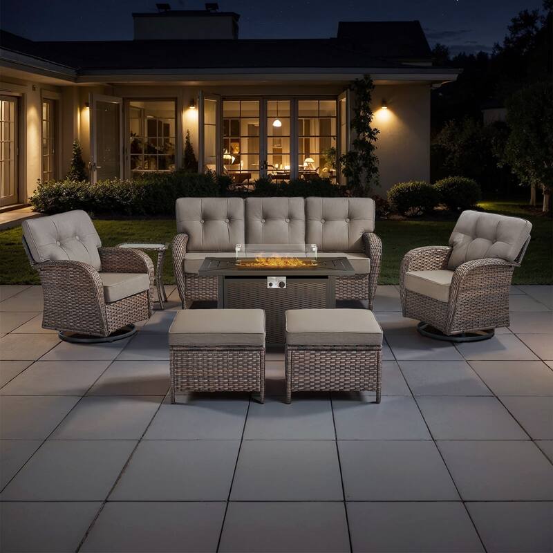 TWrap Wicker Patio Iron Fire Pit Conversation Set with 3-Seat Sofa & Swivel Gliders - Brown/Gray - With 2 Ottomans