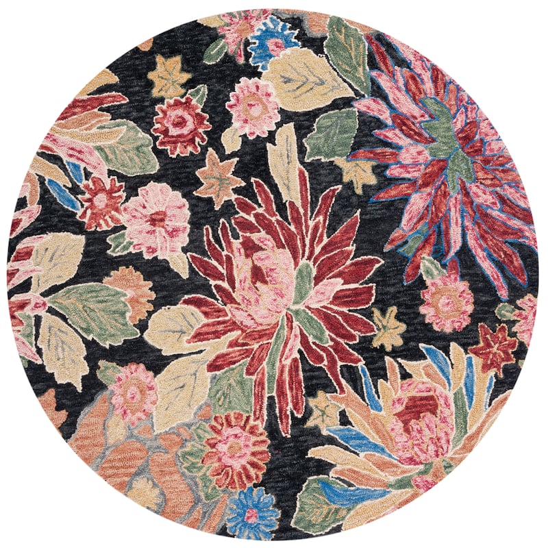 SAFAVIEH Handmade Jardin Yuta Floral Wool Rug - 6' Round - Charcoal/Red