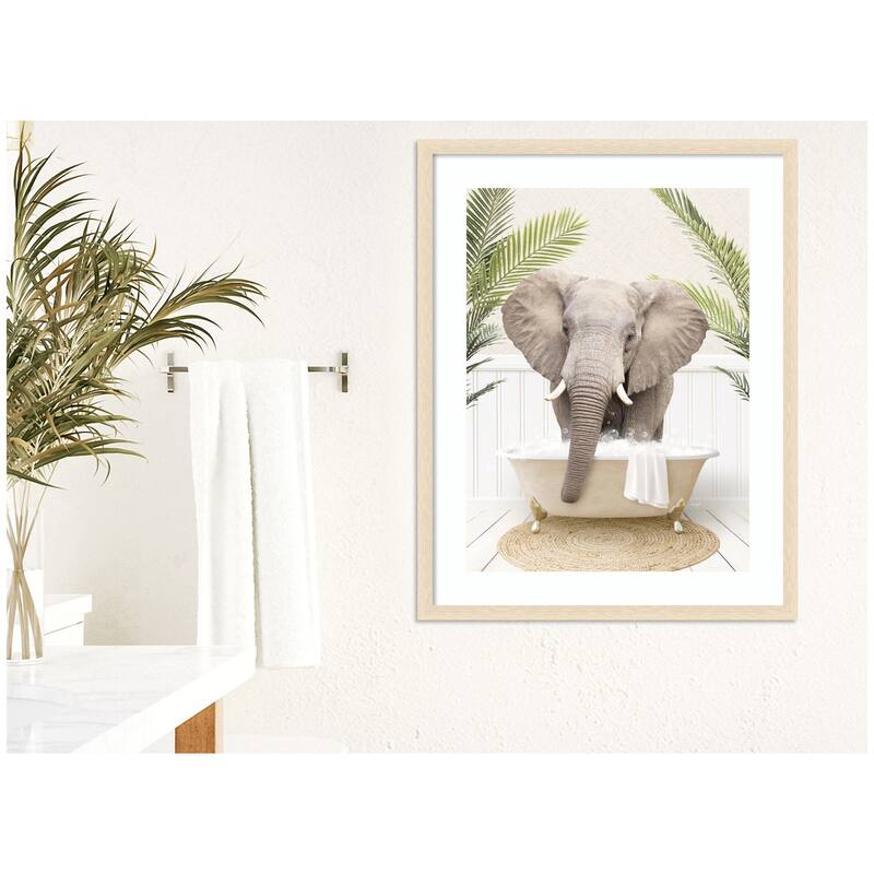Kate and Laurel Elephant Front Palm Bathtub by Amy Peterson Framed Wall Art Print