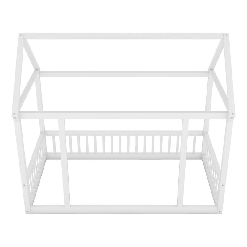 Pine Wood Floor Bed with House Roof Frame and Safety Guardrails