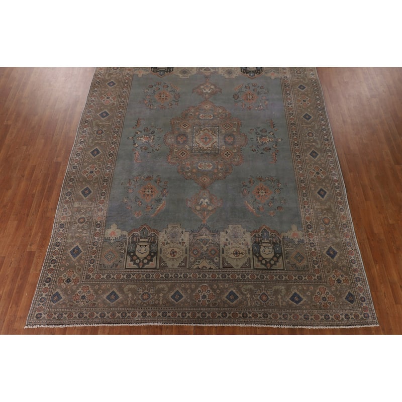 Over-Dyed Tabriz Persian Vintage Rug Hand-Knotted Blue Wool Carpet - 9'4"x 12'10"