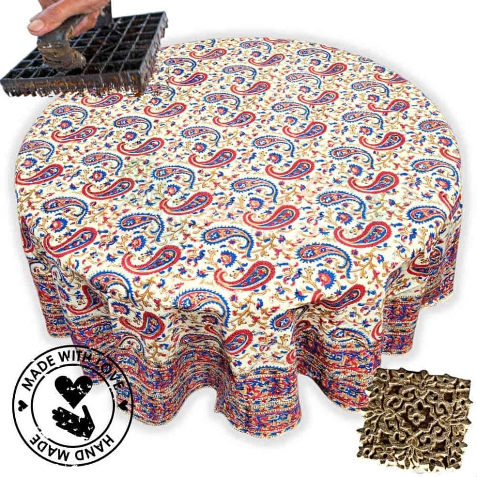 Eternal Bohemian Floral Block Print Tablecloth Round, Beige - Paisley Elephant, Red Blue Tan