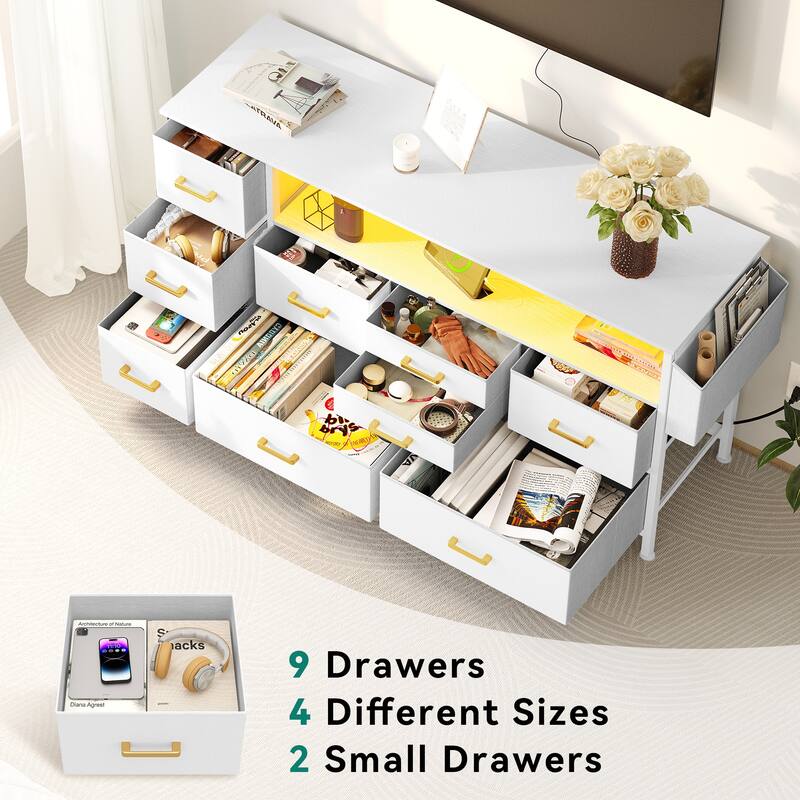 Moasis 50"W 9-drawer Fabric Dresser, Media Console, TV Stand with Outlets, RGB Lights