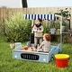 preview thumbnail 8 of 7, Qaba Kids Wooden Sandbox with Canopy, Grocery Store Outdoor Sand Box with Bench Seats, Bottom Liner, Drawing Board, Blue
