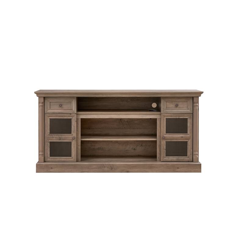 Farmhouse-Style Fireplace TV Stand up to 80-Inch TV with LED Lights, Glass Door Cabinets and Drawers, for Living Room