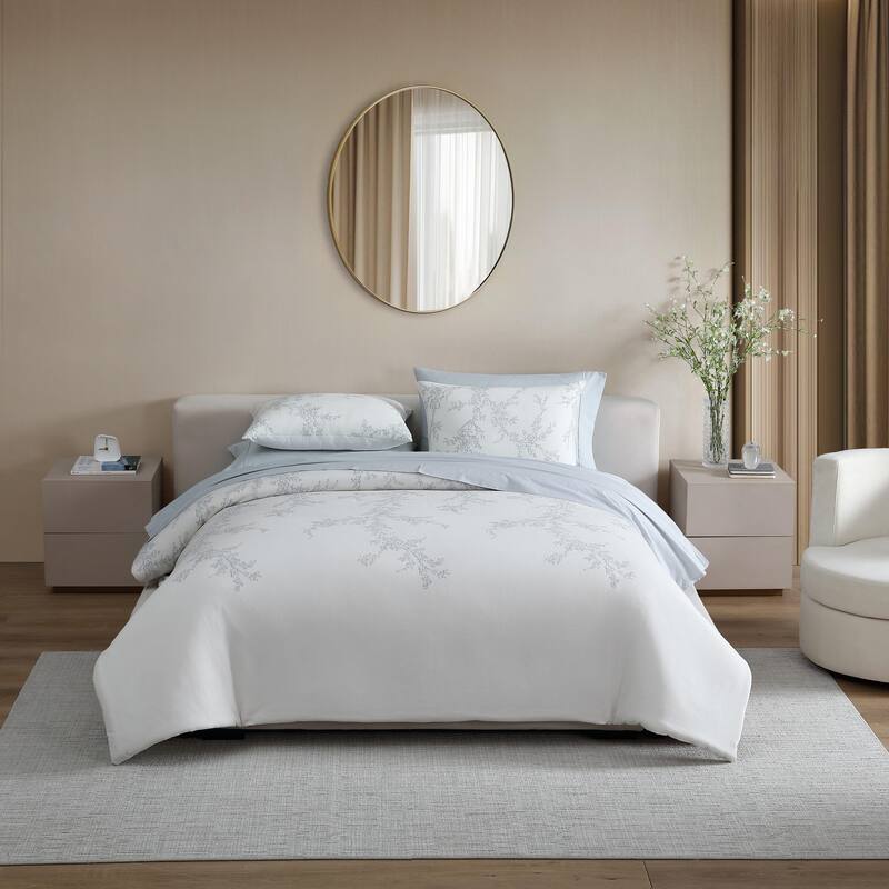 Vera Wang Trailing Vines Cotton Micro Waffle Reversible Duvet Cover Set Textured (Beige, 3 Piece)