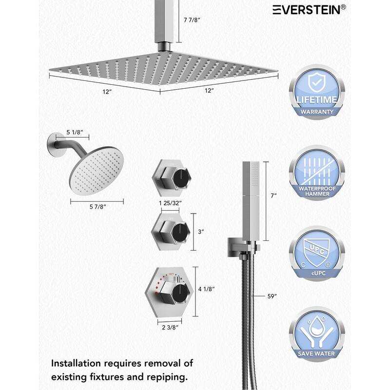 Dual Rainfall Shower System 12" & 6" Heads with Thermostatic Valve and Handheld Spray