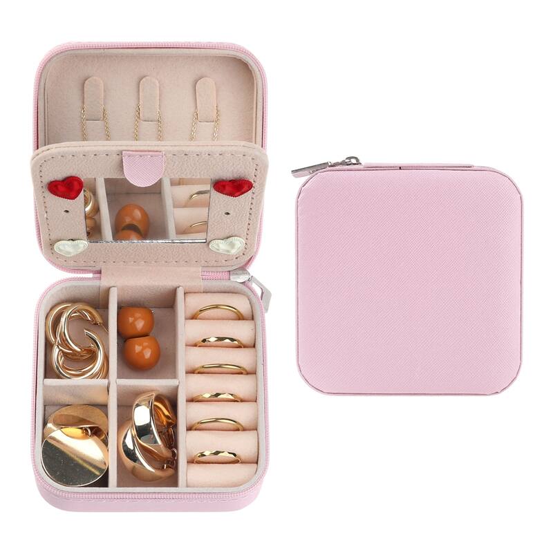 Travel Jewelry Box with Mirror, Small Portable PU Leather Jewelry Organizer Case Storage Display Holder - 10x10x5cm