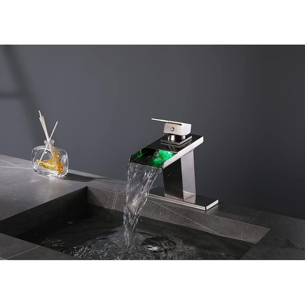 Brushed Nickel Waterfall 3 Color LED Single Handle Bathroom Sink Faucet, Pop Up Brass Overflow Drain