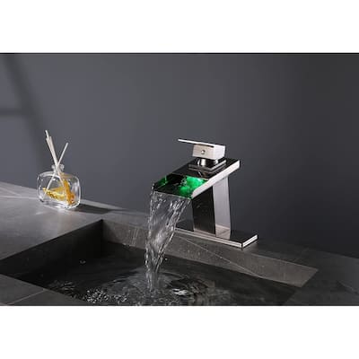 Brushed Nickel Waterfall 3 Color LED Single Handle Bathroom Sink Faucet, Pop Up Brass Overflow Drain