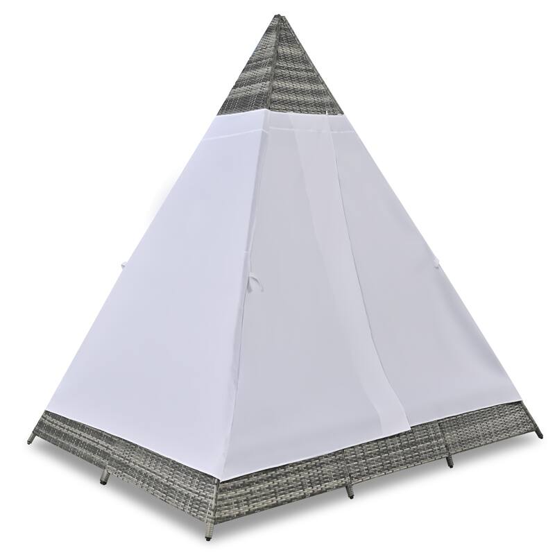 90.5" Outdoor Patio Wicker Triangle Tent Daybed Sunbed with Colorful Pillows and Curtain