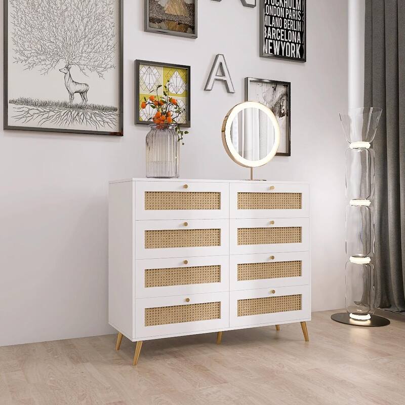 8-Drawer Chest of Drawers with Rattan Drawer Fronts, Golden Legs, and Handles