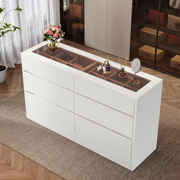 grammy dress 55 Inch 6 Drawers Dresser with Glass Top, Wood Drawer Dressers with LE –  Bvldfamly main image 0