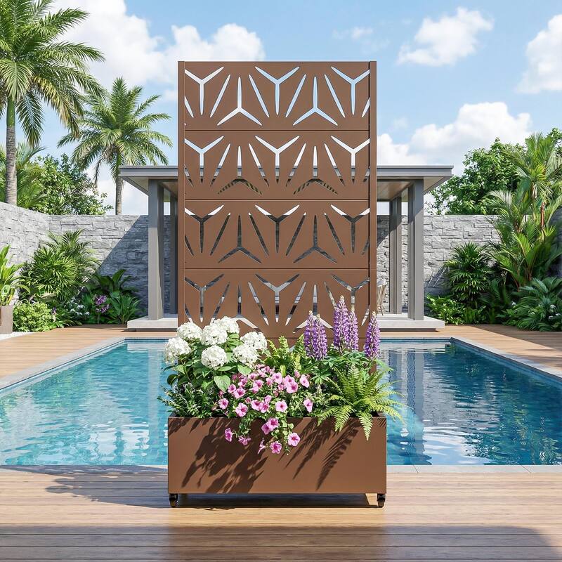 Metal Galvanized Planter Box with Trellis Privacy Screen Lockable Wheels - Brown-Rectangle - 72"x35"