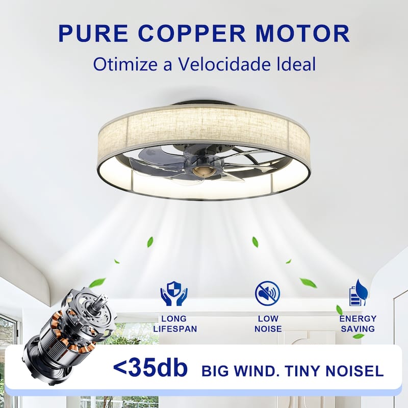 Cusp Barn 20" Farmhouse Flush Mount Ceiling Fan with Light, Quiet DC Motor Fabric Shade Fandelier Ceiling Fan For Living Room