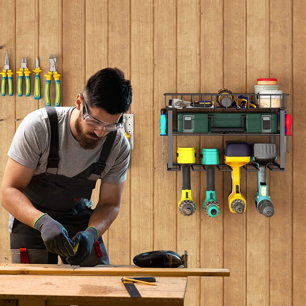 Black Steel Wall-Mounted Tool Storage Rack 3-Layer Organizer for Garage Workshop Tools - 16.22”L x 8.31”W x 7.87”H