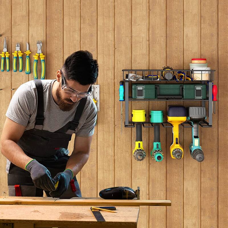 Black Steel Wall-Mounted Tool Storage Rack 3-Layer Organizer for Garage Workshop Tools - 16.22”L x 8.31”W x 7.87”H