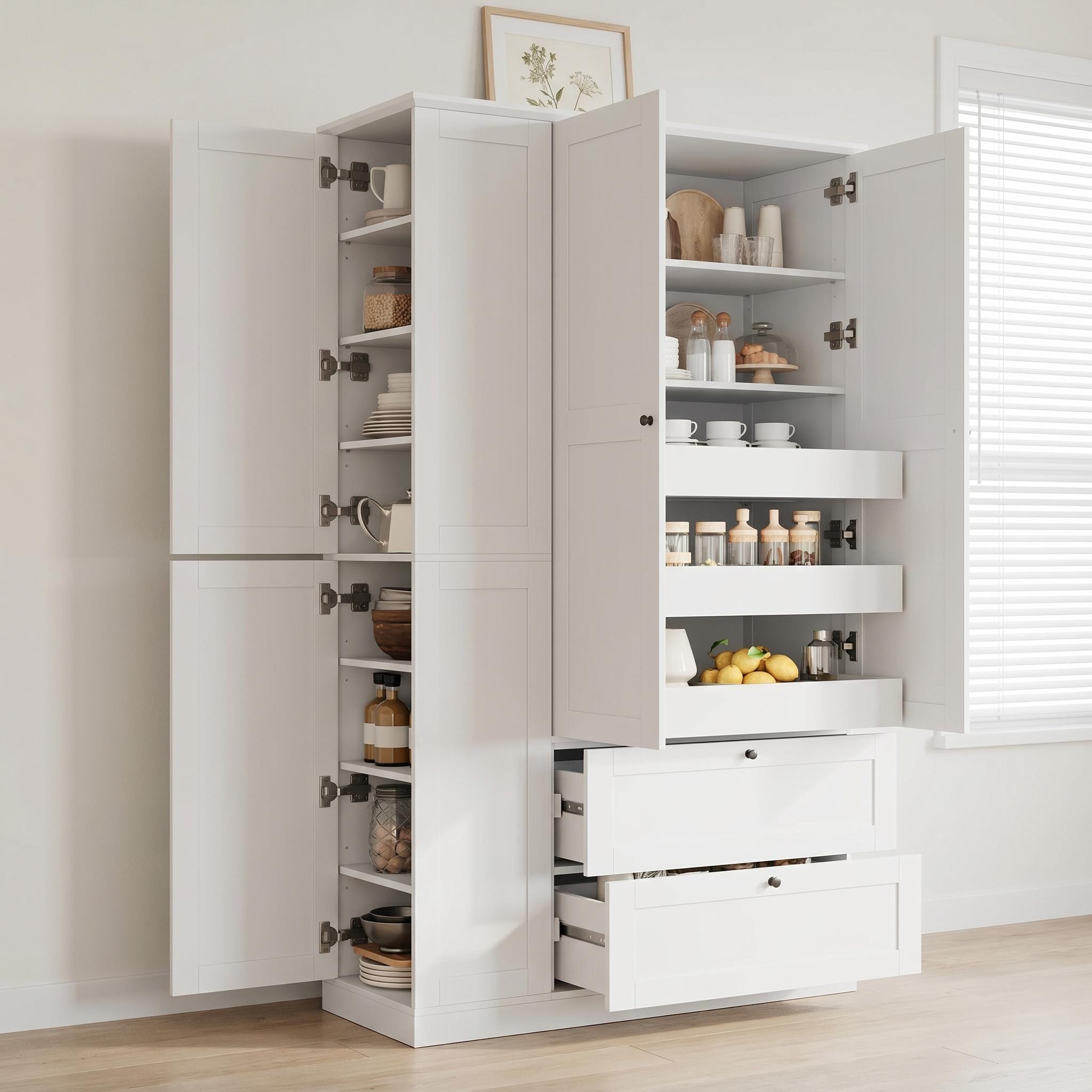 73.6" Tall Kitchen Pantry Cabinet with 8 Shelves,2 Drawers,3 Pull-Out Trays, 4 Doors and Side Cabinets for Kitchen & Dining Room
