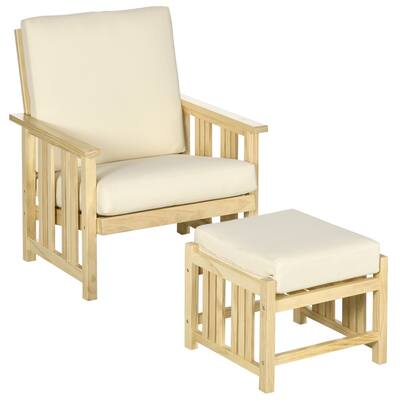 2 Piece Patio Furniture Set, Wood Outdoor Patio Chair with Ottoman, Cushioned Outdoor Lounge Chair, Sofa Chair with Footrest