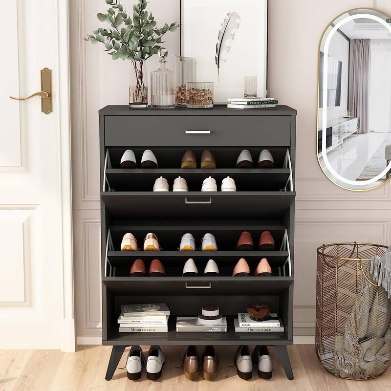 Grondin Modern Contemporary Entryway Shoe Cabinet with Drawers, Interior Adjustable/Removable Panel and Bottom Open Shelf - Grey