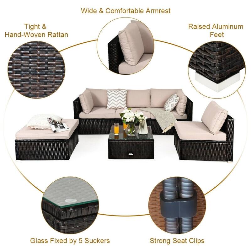 6 Pieces Outdoor Patio Rattan Furniture Set Sofa Ottoman with Coffee Table - 30'' x 30'' x 26''(L x W x H)