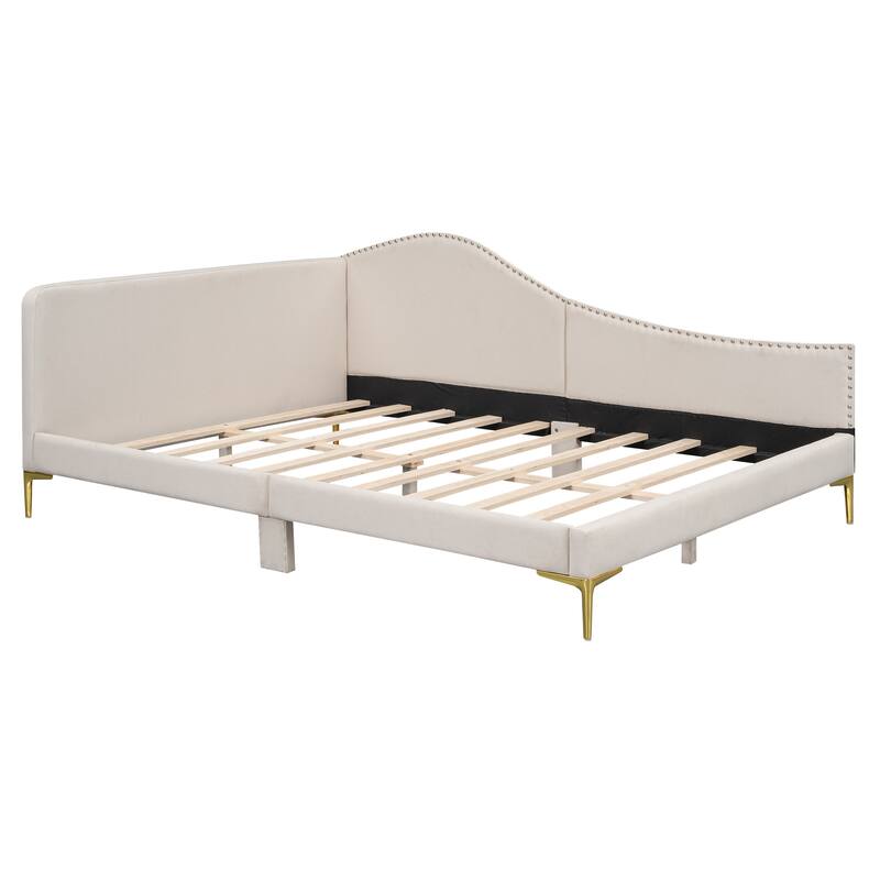 Modern Upholstered Full Size Daybed with Headboard and Armrest, Beige Linen Fabric, Sturdy Wood Frame