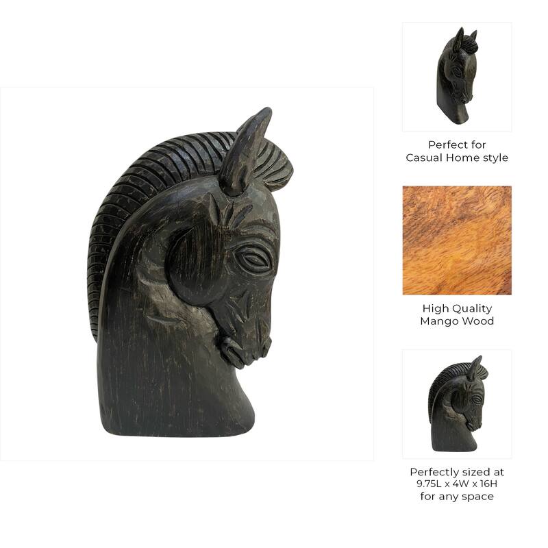 Mango Wood Trojan Horse Head Sculpture Rustic Finish - 16" Black - 9.5" x 4" x 16"