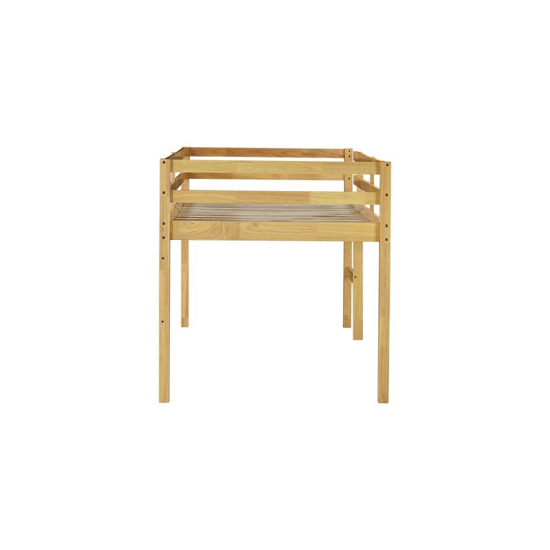 Twin size Rubber Wood Loft Bed with Ladder, 13 Strengthened Slats and Safety Guardrails