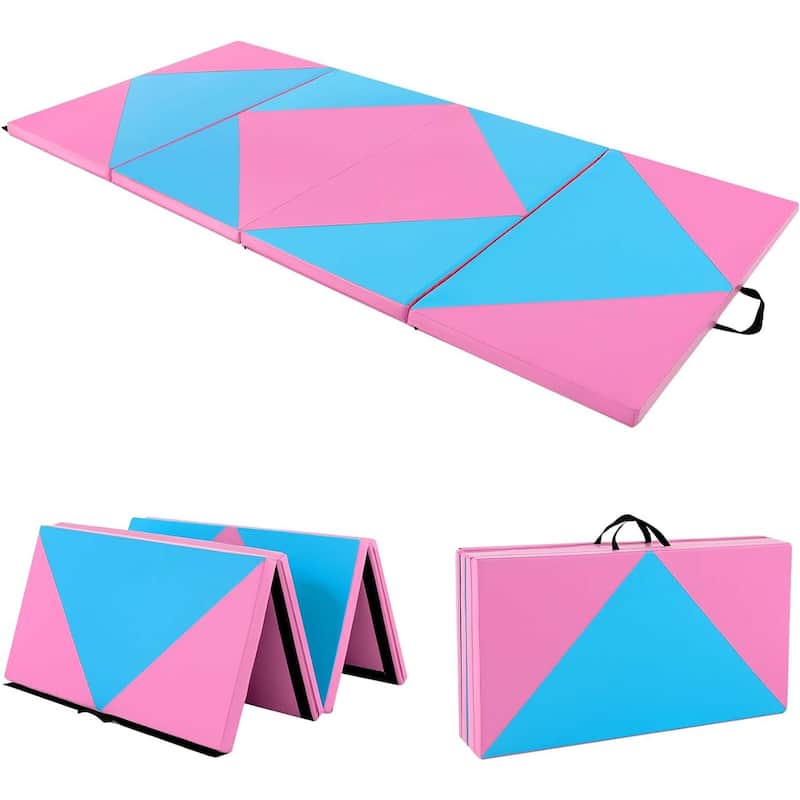 Folding Gymnastics Mat Tumbling Mat w/ Hook & Loop Fasteners - Blue&Pink