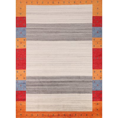 Modern Gabbeh Oriental Area Rug Hand-Knotted Beige Wool Carpet - 8'5" x 9'9"