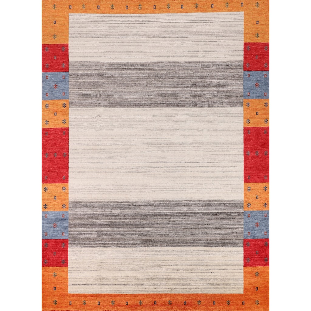 Modern Gabbeh Oriental Area Rug Hand-Knotted Beige Wool Carpet - 8'5" x 9'9"