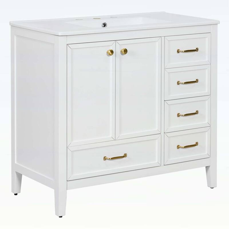 36-Inch Bathroom Vanity with Soft-Closing Drawers,Ceramic Sink,and Wood Frame