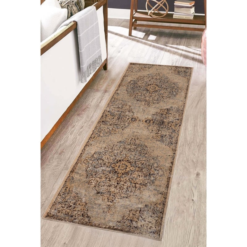 Superior Distressed Traditional Medallion Damask Runner or Area Rug - 2'7" x 8'