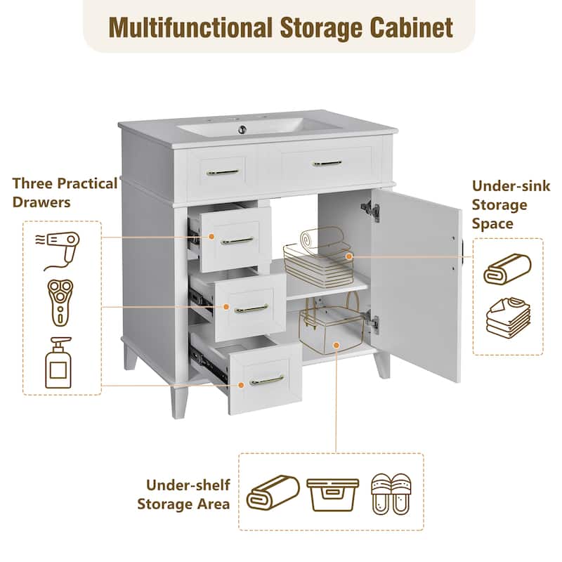 30" Bathroom Vanity with Ceramic Sink, Adjustable Shelf, Soft Close Door, and Three Soft Close Drawers