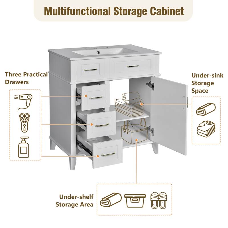 Traditional 30 Inch Bathroom Vanity with Sink, 3 Soft-Close Drawers, Adjustable Storage, Gold Hardware, Freestanding