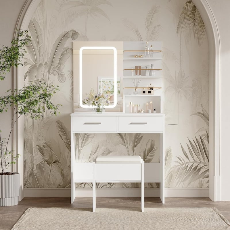 2 DrawersMakeup Vanity Desk Set with Mirror, Lights, Open Storage Shelves