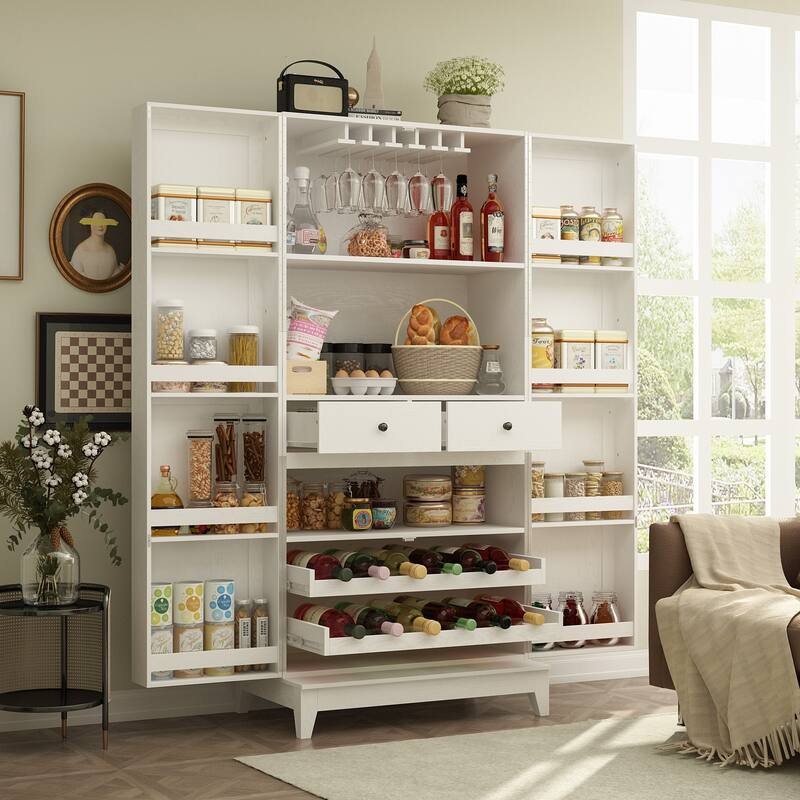 White Light Wood Grain Kitchen Cabinet with Red Wine Drawers Pantry - White