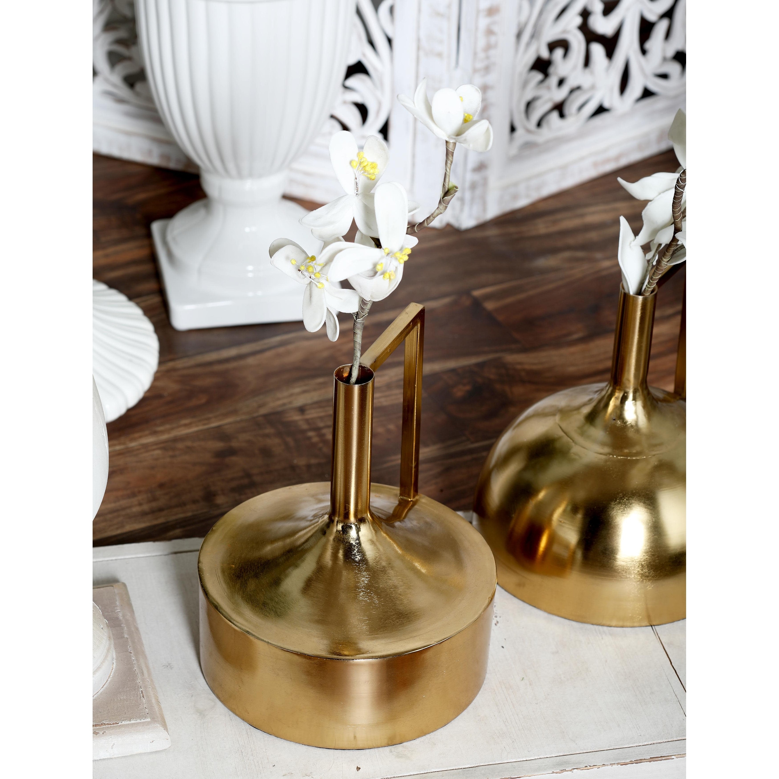 CosmoLiving by Cosmopolitan Metal Slim and Cone Geometric Vase with Handles (Set of 2) - Gold, Silver, Dark Gray, White, Black