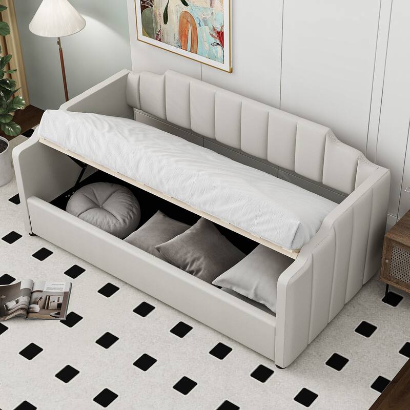 Upholstered Daybed with Underneath Storage, Twin/Full Size Lift Up Storage Daybed Frame Sofa Bed with Support Slats - White - Twin