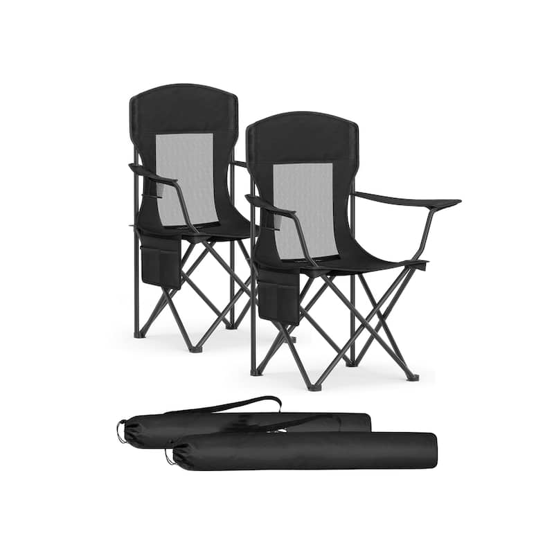 Set of 2 Foldable Camping Chairs with Mesh Back and Cup Holder Include Carry Bag for Outdoor Use - 20.3"D x 34"W x 38.2"H - Ink Black